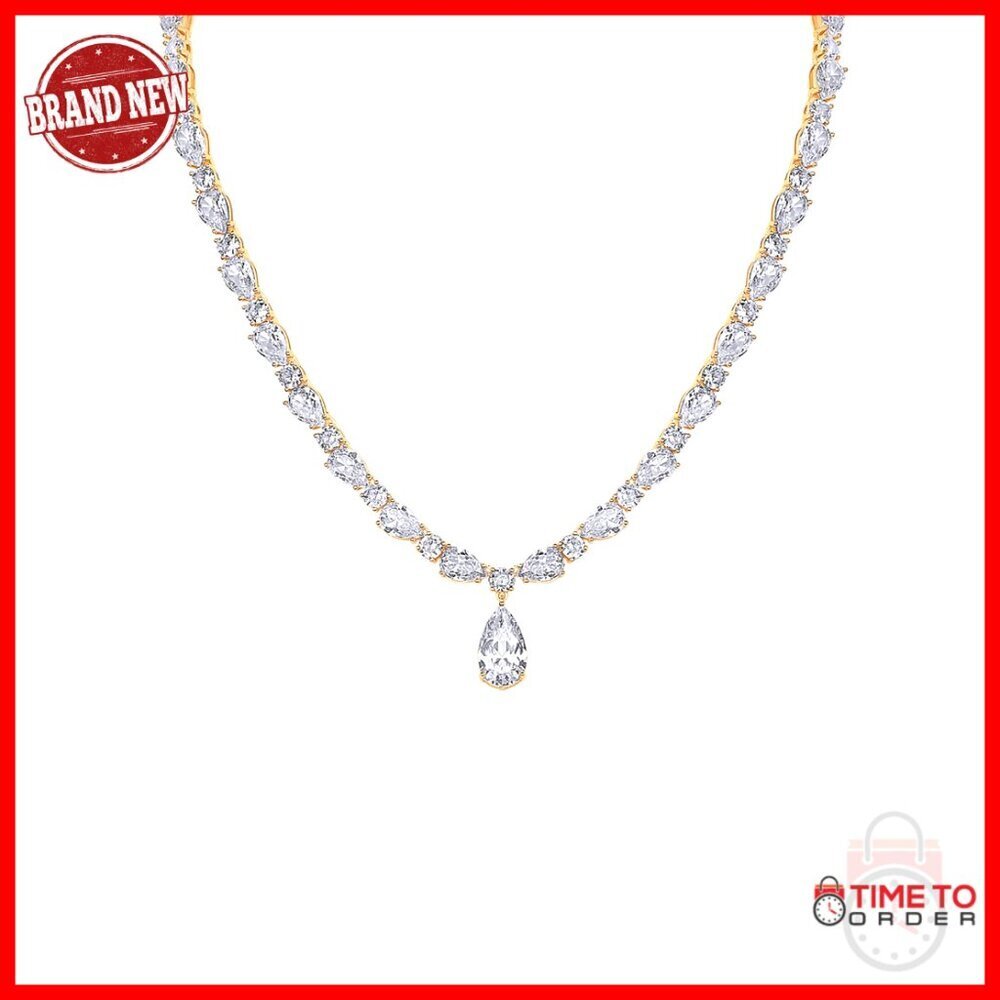 14K Gold Plated Tennis Necklace with Pear Drop, 16" Chain, 88 CZ Stones
